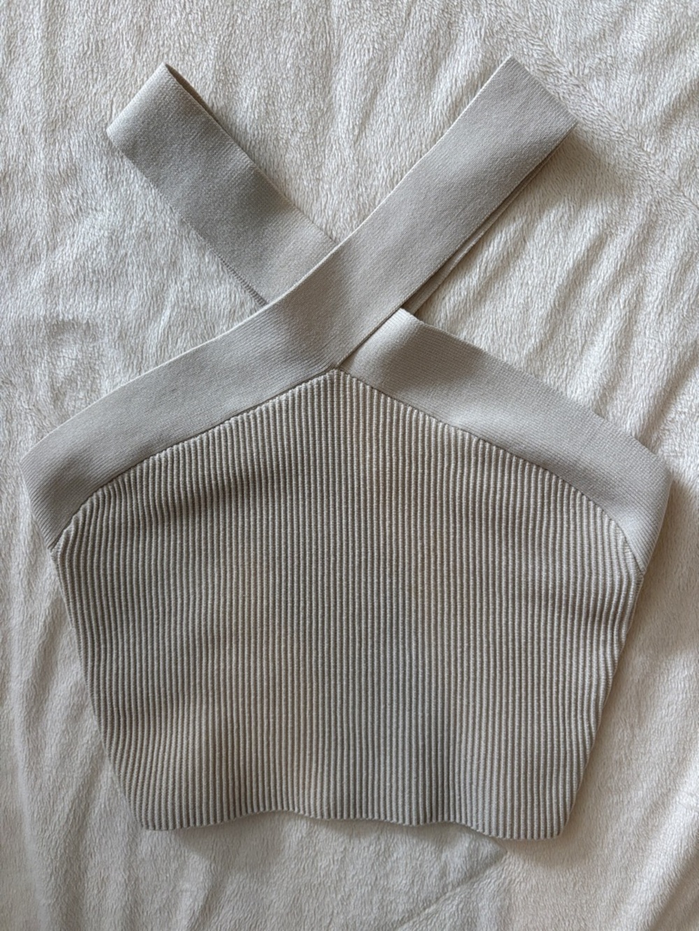 Babaton Cream Ribbed Cross-Strap Crop Top